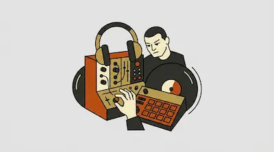 A person adjusts a knob on a modular synthesizer next to a drum machine and a vinyl record, with a large pair of headphones resting on the equipment.