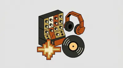 A modular synthesizer, headphones, a vinyl record, and a pixelated sound wave icon are grouped together.