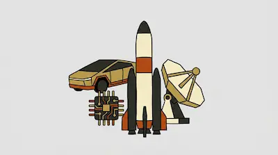 Stylized icons of a futuristic truck, a rocket, a satellite dish, and a microchip.
