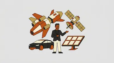 A person stands surrounded by a rocket, a satellite, a car, and a solar panel.