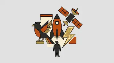 Stylized icons of a bird, a rocket, a satellite, a lightning bolt, and a human silhouette in orange, black, and tan.