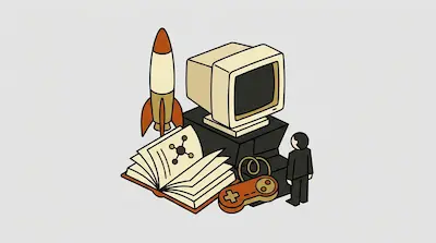 A vintage computer, rocket, open book with a molecular diagram, and game controller are clustered together next to a small person in a suit.