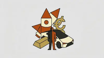 A person silhouette stands in front of a rocket, a car, a gold bar, and a Euro symbol.