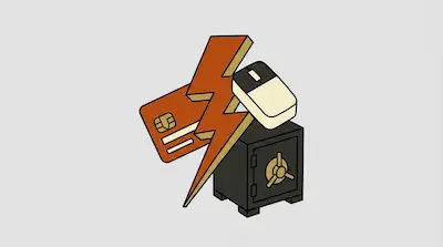 A credit card, a computer mouse, and a lightning bolt are positioned above a small black safe.