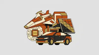 A spaceship, a car, a solar panel, and a computer chip rendered in a geometric style with an orange, black, and cream color palette.