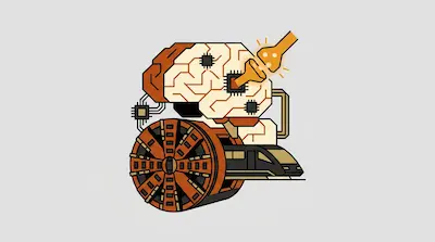 A stylized brain with embedded microchips and circuit patterns sits above a tunnel boring machine and a sleek train.