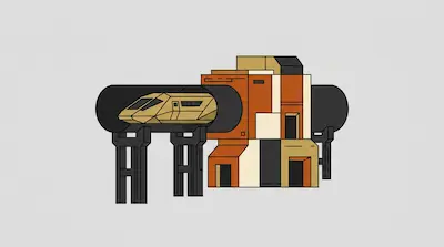 A yellow shuttle enters a dark tunnel that passes through a geometric, multi-colored building.