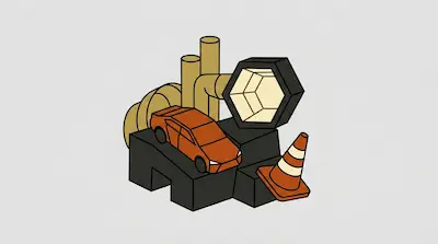 A stylized isometric composition featuring an orange car, a traffic cone, industrial pipes, and a hexagonal light fixture.