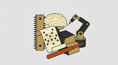 A collection of stylized icons including a microchip, a human brain, a robotic arm, and a neural network diagram.