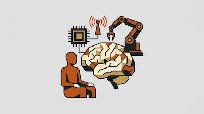 A stylized human figure sits next to a large brain connected to a computer chip, a signal tower, and a robotic arm.