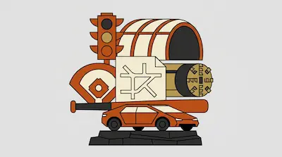 Stylized icons of a traffic light, tunnel, baseball diamond, map, and car are stacked on a rocky base.