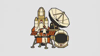 A space shuttle, satellite dish, lunar lander, and astronaut helmet depicted in a geometric, low-poly style.