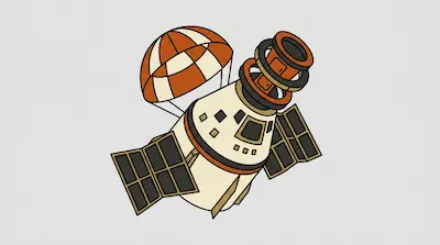 A cream-colored space capsule with solar panels and a deployed orange and white parachute.