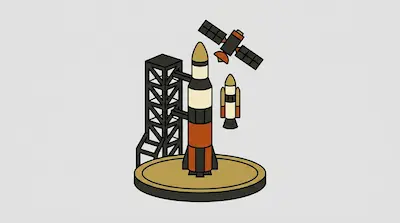 A rocket stands on a launch pad next to a gantry tower, accompanied by a smaller shuttle and a satellite.