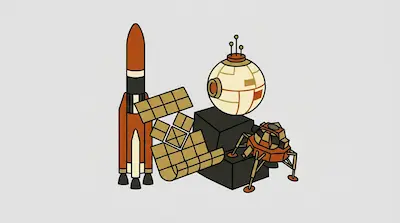 A collection of stylized space vehicles, including a rocket, a satellite, a spherical probe, and a lunar lander.