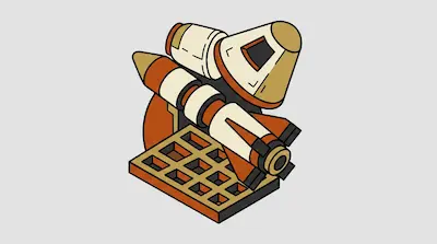 A stylized orange and cream rocket and space capsule rest on a grid-like base.