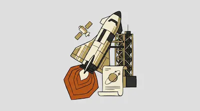A stylized space shuttle launches upward with orange exhaust, accompanied by a satellite, a launch tower, and a scroll depicting a planet.