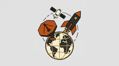 A rocket, a satellite, and a radar dish orbit a stylized globe of Earth.