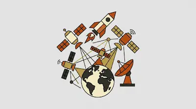 A stylized Earth surrounded by satellites, a rocket, and a satellite dish.