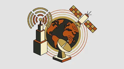 A stylized globe surrounded by a radio tower, a satellite dish, and an orbiting satellite.