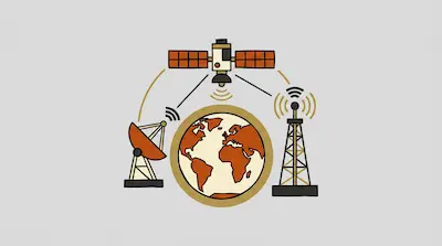 A satellite above Earth is connected to a satellite dish and a radio tower by lines and signal waves.
