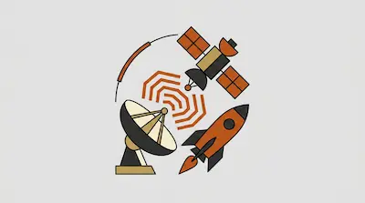 A satellite dish, an orbiting satellite, and a rocket are arranged in a circular composition with signal waves between the dish and satellite.