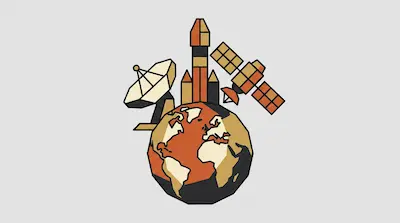 A geometric globe topped with a satellite dish, a rocket, and a satellite.