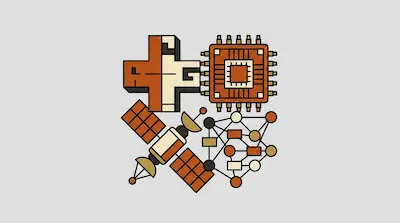 Four minimalist icons in shades of brown and tan depicting an abstract blocky shape, a computer chip, a satellite, and a network diagram.