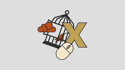 A stylized orange cloud, a birdcage with a bird inside, a large gold letter X, and a computer mouse.