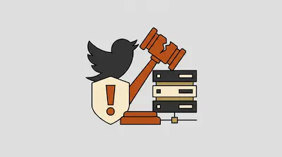 A black bird silhouette, a shield with an exclamation mark, a broken wooden gavel, and a stack of server racks.