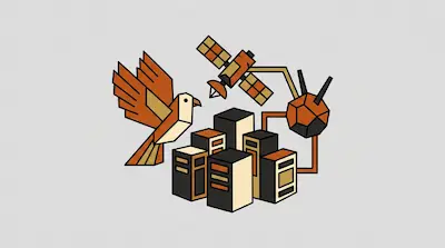 A stylized bird, satellite, and faceted sphere with antennas surround a group of rectangular server blocks.