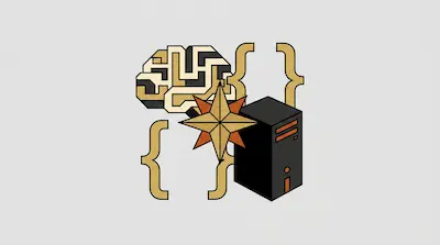 A stylized graphic of a brain with a maze pattern, curly braces, a four-pointed star, and a computer server tower.