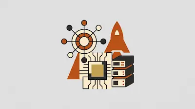A network hub, a rocket ship, a computer chip, and server racks are grouped together in a stylized graphic.