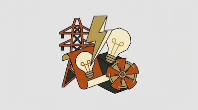 Stylized icons of an electrical transmission tower, a lightning bolt, light bulbs, and a turbine wheel.