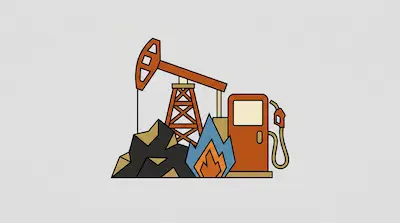 An oil pump jack, a pile of coal, a flame, and a gas pump.