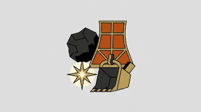 A black lump of coal, an orange industrial structure, a yellow starburst, and a gold excavator bucket.