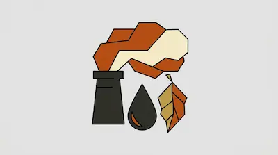 A dark factory chimney emits geometric smoke clouds above a single drop of liquid and a stylized leaf.