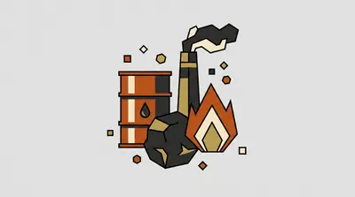 A striped barrel with a droplet, a dark jagged rock, a smokestack with billowing smoke, and a flame shape grouped together.