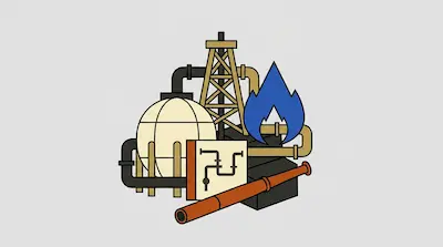 A collection of industrial icons including an oil derrick, a spherical storage tank, pipes, and a blue flame.