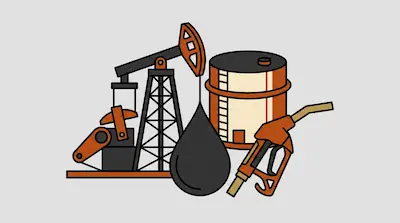An oil pumpjack, a storage tank, a large black oil drop, and a fuel nozzle.