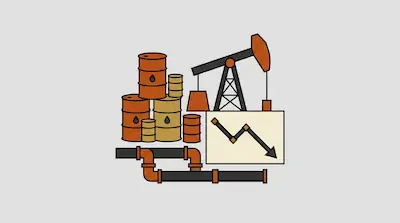 A collection of oil barrels, an oil pump jack, and a pipeline next to a graph with a downward-pointing arrow.