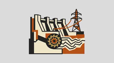 A stylized graphic of a hydroelectric dam featuring a turbine and an electrical pylon.