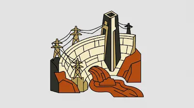 A stylized hydroelectric dam with power lines and water flowing between rocky cliffs.