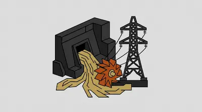 Water flows from a dark dam structure onto an orange turbine wheel beside a power line tower.