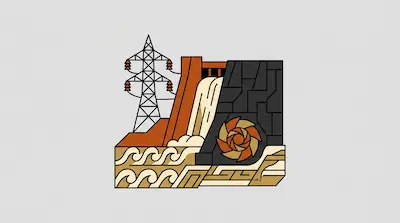 A hydroelectric dam with a power line tower, falling water, and a turbine.