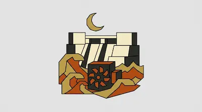 A stylized dam under a crescent moon with orange waves and a turbine in the foreground.