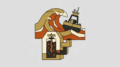 A stylized graphic of a large wave crashing over a boat with a cross-section of a mechanical turbine system underneath.