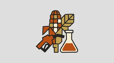 A stylized graphic of a corn cob, a gas pump nozzle, and a laboratory flask.