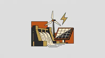 A hydroelectric dam, a wind turbine, a solar panel, and a lightning bolt symbol.