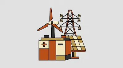 A wind turbine, electrical transmission tower, solar panel, and battery.